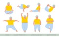 Body positive men. Yoga collection. Men exercise vector set. Yellow, colorful. A fat young men doing fitness and yoga