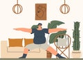 Body positive overweight man doing the exercise home. Interior in boho style. Hand drawn vector illustration