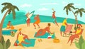 Body positive people on sea beach playing ball, sun bathing on sand, surfing and drinking coctails, palms flat vector Royalty Free Stock Photo