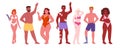 Body positive people set, happy man and woman in bikini, acceptance of different beauty