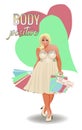 Body positive plus size blonde girl with shopping bags, vector