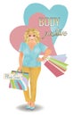 Body positive plus size blonde woman with shop bags, vector