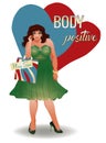 Body positive plus size brunette girl with shopping bags, vector