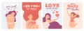 Body positive posters. Love yourself prints with happy woman with self esteem, heart and motivation quote. Women or valentine day Royalty Free Stock Photo