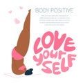 Body positive woman do tree pose. Vector Illustration with curvy woman do YOGA and lettering phrase LOVE YOURSELF. PLUS Royalty Free Stock Photo