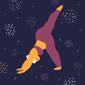 Body positive woman makes asana in the space