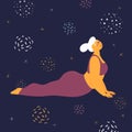 Body positive woman makes asana in the space