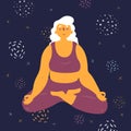 Body positive woman makes lotus asana in the space Royalty Free Stock Photo