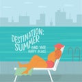 Body positive woman near swimming pool on skyscraper urban city landscape background. Summer vacation concept. Lettering