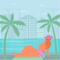 Body positive woman near swimming pool on skyscraper urban city landscape background. Summer vacation concept for city