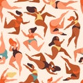 Body positive women seamless pattern. Overweight female in color clothes charming fat girls, plus size in swimsuits