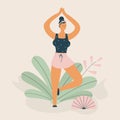 Body positivity cute young plump girl with more size-inclusive body do yoga in funky figures style