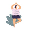Body positivity cute young plump girl with more size-inclusive body do yoga.Plumpish lady in tree pose.Concept of evolving beauty Royalty Free Stock Photo