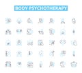 Body psychotherapy linear icons set. Embodiment, Movement, Sensation, Breathwork, Mindfulness, Bioenergetics
