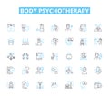 Body psychotherapy linear icons set. Embodiment, Movement, Sensation, Breathwork, Mindfulness, Bioenergetics