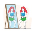 Body Rejection Concept. Plus Size Female Character with Low Self-esteem Looking at Mirror Dissatisfied with her Figure