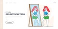 Body Rejection Landing Page Template. Plus Size Female Character Look at Mirror Reflection Dissatisfied with Figure