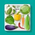 Body scales and fresh vegetables icons.