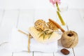 Body scrub of ground coffee aloe vera sugar and lemon on white background, homemade cosmetic for peeling and spa care,keep the moi Royalty Free Stock Photo