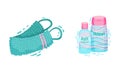 Body Scrubber or Shower Puff and Hair Shampoo and Conditioner Vector Set