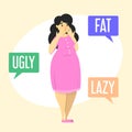 Body shame isolated illustration. Fat woman ashamed