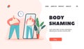 Body Shaming Landing Page Template. Fat Man Look At Mirror Reflection And Dreaming To Be Beautiful Confident Character