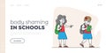 Body Shaming Landing Page Template. Schoolgirl Laughing and Pointing at Obese Girl. Bullying of Fat Child at School Royalty Free Stock Photo