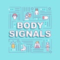 Body signals word concepts banner. Hunger and appetite senses, digestive upset. Infographics with linear icons on blue