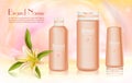 Body skincare cosmetics series with lily ingredient vector illustration, realistic 3d cosmetic bottles for cream, lotion