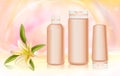 Body skincare cosmetics series with lily ingredient vector illustration, realistic 3d cosmetic bottles for cream, lotion