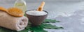 Body spa treatment bamboo brush with bath towel, salt and oil on green tropical leaf background, banner