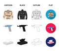 Body tattoo, piercing machine, napkins. Tattoo set collection icons in cartoon,black,outline,flat style vector symbol