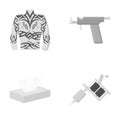 Body tattoo, piercing machine, napkins. Tattoo set collection icons in monochrome style vector symbol stock illustration Royalty Free Stock Photo