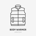 Body warmer doodle line icon. Vector thin outline illustration of winter clothes. Black color linear sign for apparel