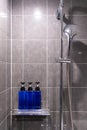 Body Wash, Shampoo, and Conditioner are packed in blue bottles Royalty Free Stock Photo