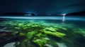 a body of water with green algae growing on the shore