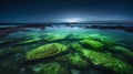 a body of water that has algae growing on it and a moon in the sky