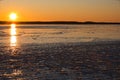 A pond under thin ice in the sun.