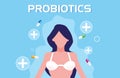 Body of woman with capsules medicines probiotics