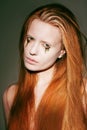 Bodyart. Face of Fanciful Red Hair Woman with Creative Stagy Art Make-up