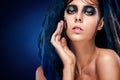 Bodyart model girl portrait with colorful paint make up. woman bright color makeup. Closeup of vogue style lady face, Art des Royalty Free Stock Photo