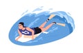 Bodyboarding in sea. Prone bodyboarder riding wave, surfing in water, lying on boogie board. Person in flippers during