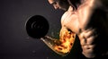 Bodybuilder athlete lifting weight with fire explode arm concept Royalty Free Stock Photo