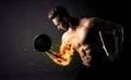 Bodybuilder athlete lifting weight with fire explode arm concept Royalty Free Stock Photo