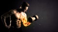 Bodybuilder athlete lifting weight with fire explode arm concept Royalty Free Stock Photo