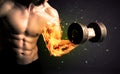 Bodybuilder athlete lifting weight with fire explode arm concept Royalty Free Stock Photo