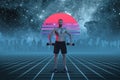 Synth wave and retro wave, vaporwave futuristic aesthetics. Sportsman in glowing neon style. Royalty Free Stock Photo