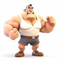 Bodybuilder, boxer, man with big muscles, funny cute cartoon 3d illustration on white background