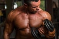 Bodybuilder doing heavy weight exercise for biceps with dumbbell