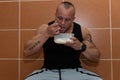 Bodybuilder Eating Healthy Diet Food Out Of Tupperware